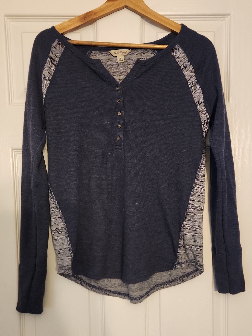 Lucky Brand Navy Henley with Patterned Side Panels
